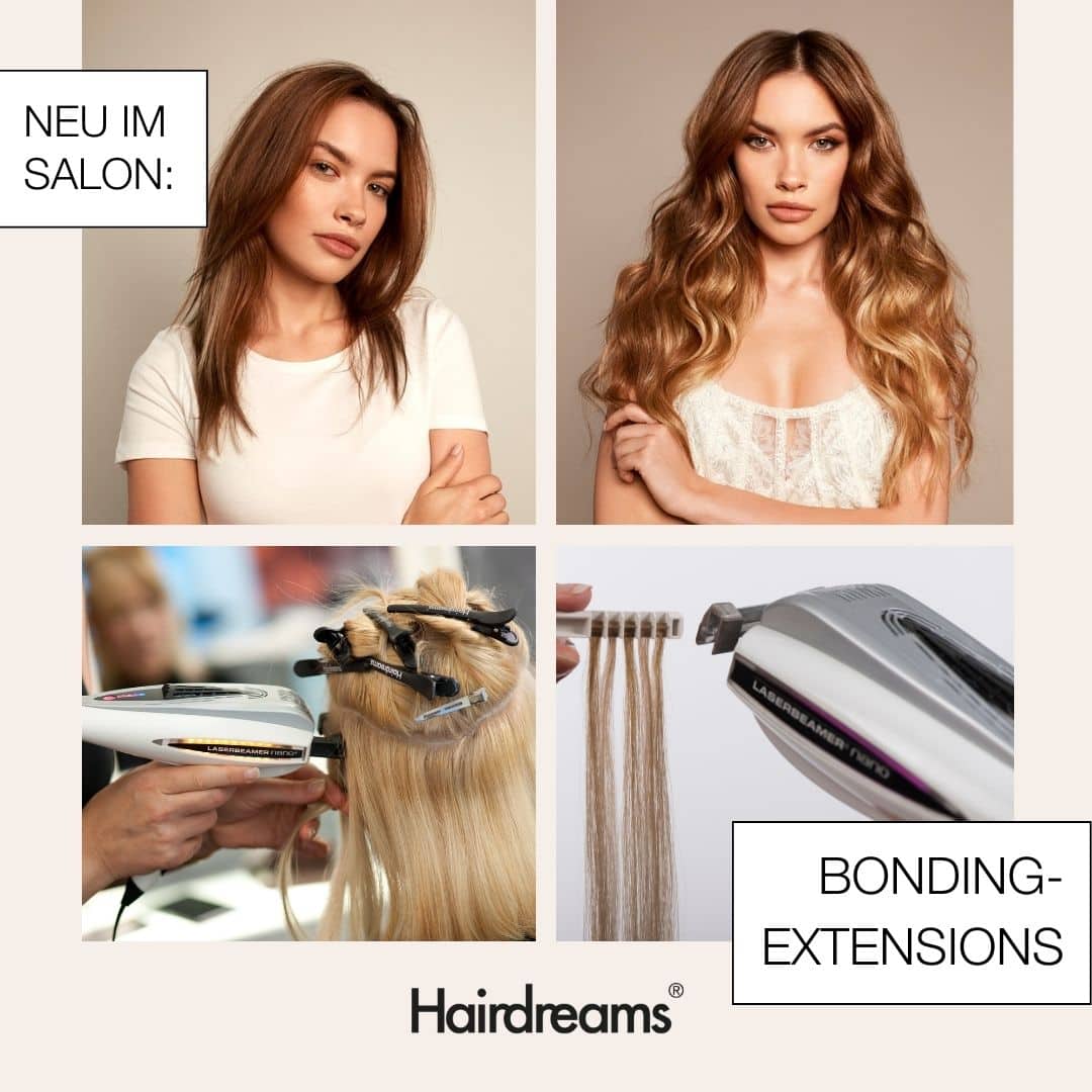 Vier geteiltes Bild mit 2 Frauen und Frieseurzubehör für Haarverlängerungen