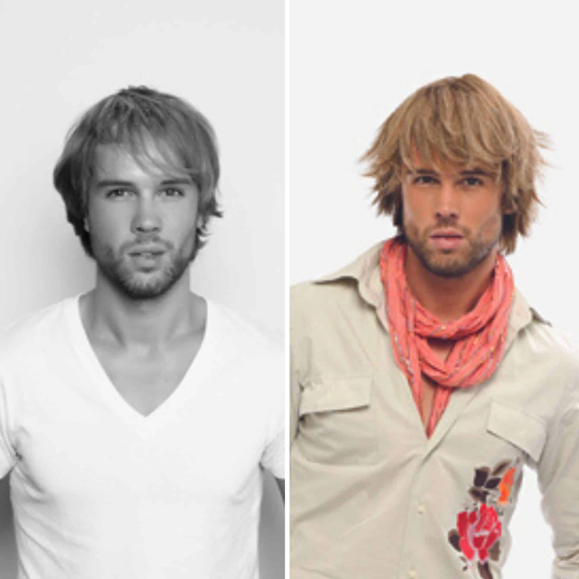 2 Männer in schwarz und weiß sowie farbig, mit vorher - nachher Frisur