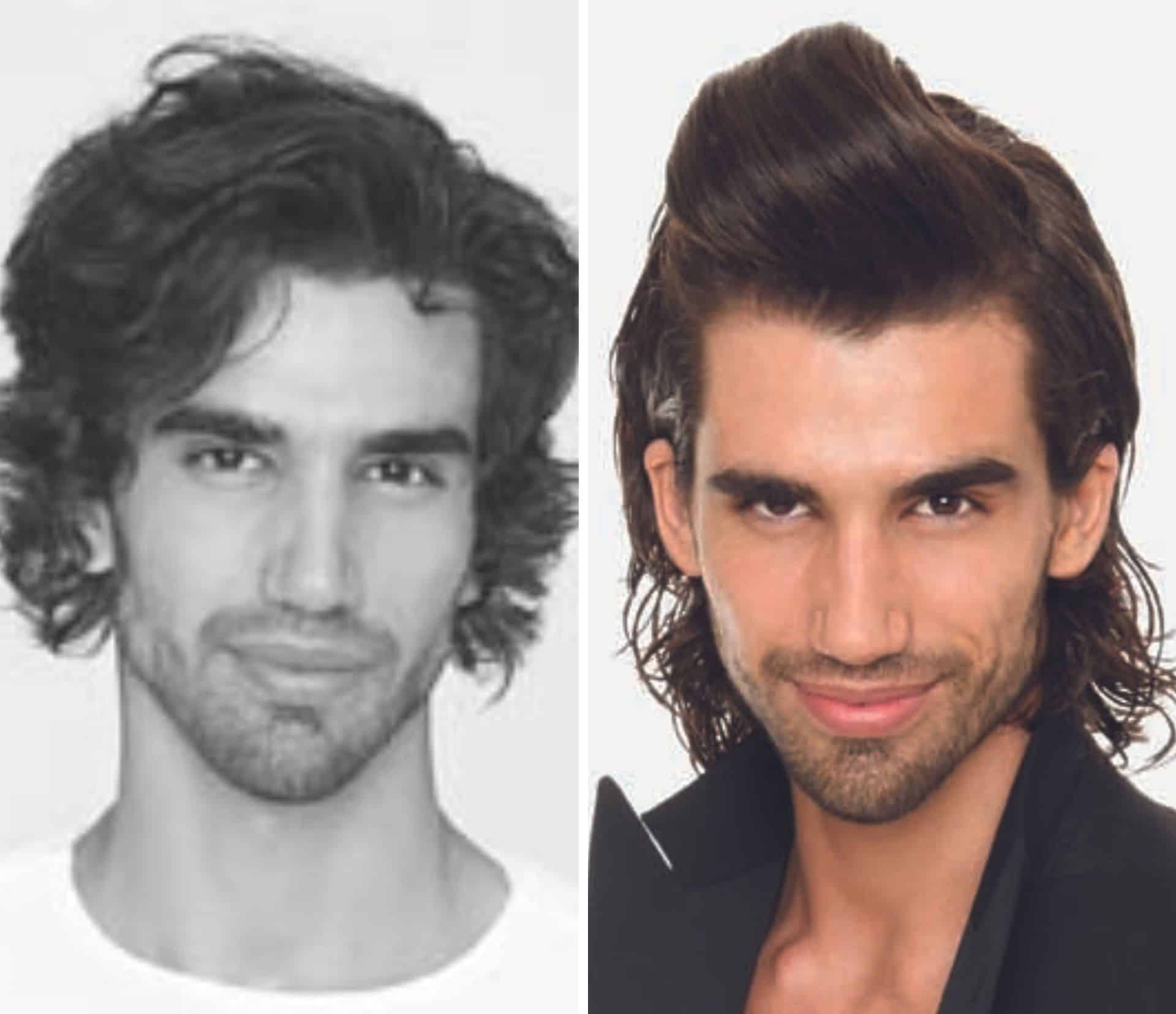 2 Männer in schwarz und weiß bzw. in Farbe mit vorher und nachher Frisur